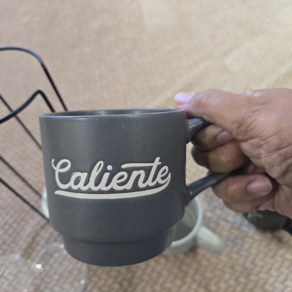 4 Stoneware Stackable Coffee Mug Set with Stand  Spanish Coffee Inspired Saying. - Picture 8 of 10